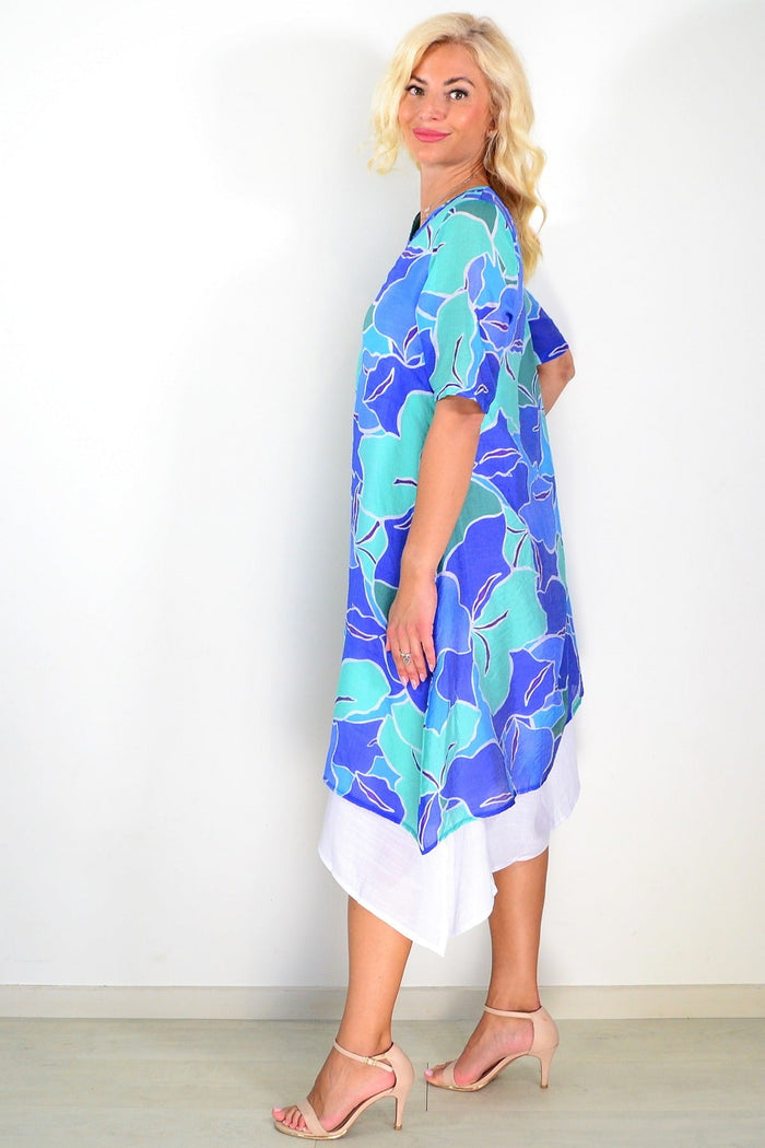 Blue green summer tunic dress by La Mode, flowing lightweight fabric with short sleeves and a relaxed fit.