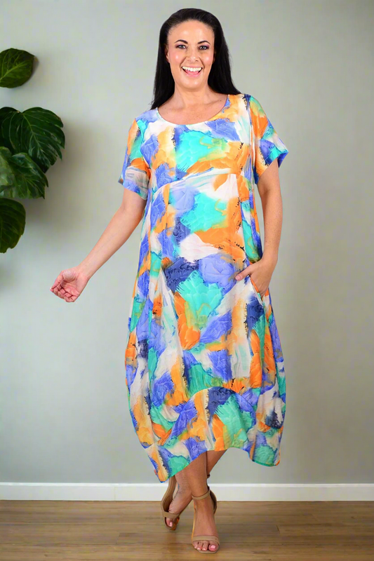 Blue Orange Aqua short sleeve tunic dress by Cali&Co, featuring a relaxed fit and vibrant color, perfect for casual wear.