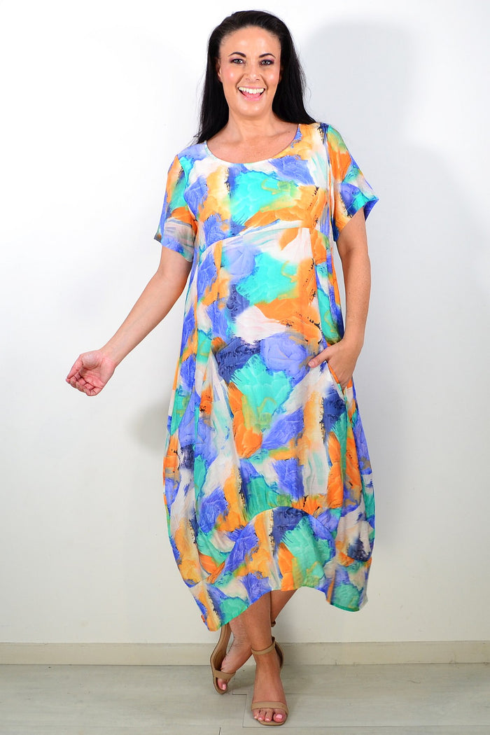 Blue Orange Aqua short sleeve tunic dress by Cali&Co, lightweight fabric with a relaxed fit and round neckline.