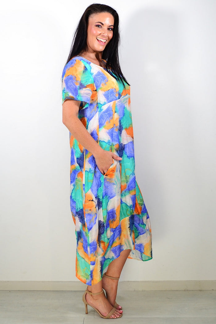 Blue Orange Aqua short sleeve tunic dress by Cali&Co, featuring a relaxed fit and vibrant color, ideal for casual wear.