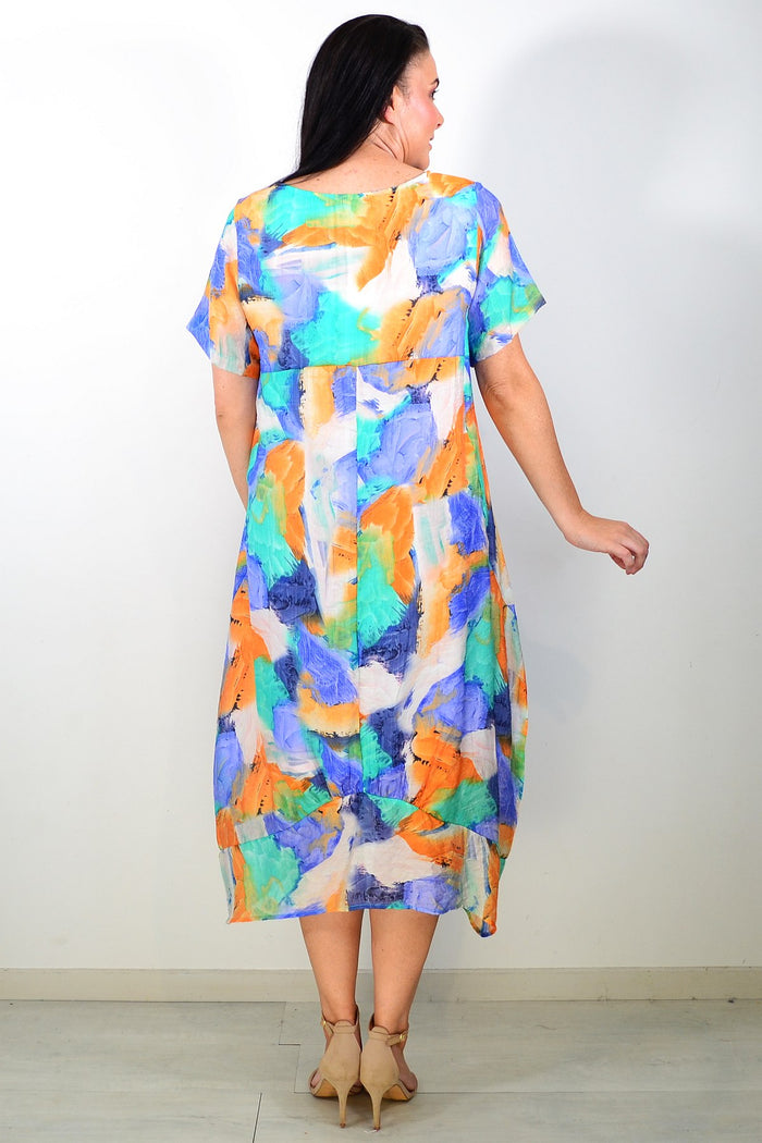 Blue Orange Aqua short sleeve tunic dress by Cali&Co, casual fit with vibrant color and lightweight fabric, displayed on a hanger.