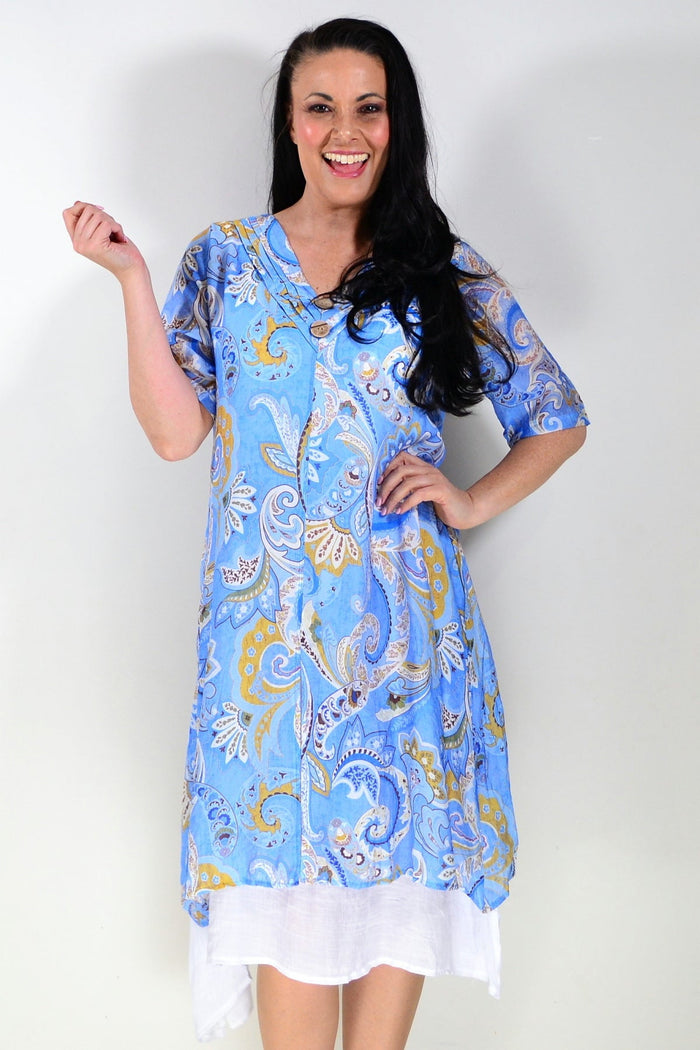 Blue paisley summer tunic dress from La Mode, featuring lightweight fabric and a relaxed fit, perfect for warm weather.