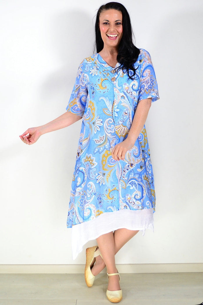 Blue paisley summer tunic dress by La Mode, flowing fabric with a relaxed fit and sleeveless design, perfect for warm weather.