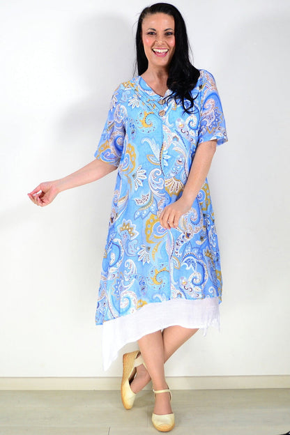 Blue paisley summer tunic dress by La Mode, flowing fabric with a relaxed fit and sleeveless design, perfect for warm weather.