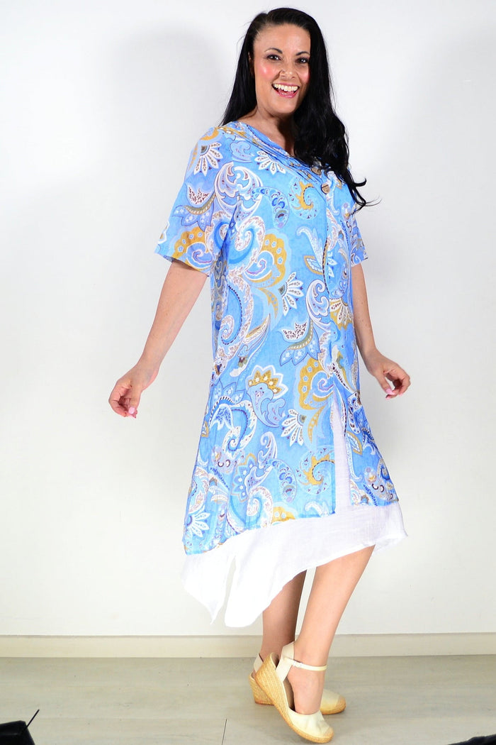 Blue paisley summer tunic dress by La Mode, lightweight fabric with flowing design and intricate paisley pattern.