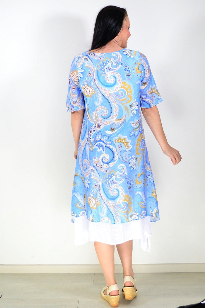 Blue paisley summer tunic dress from La Mode, featuring a flowy fabric and sleeveless design perfect for warm weather.
