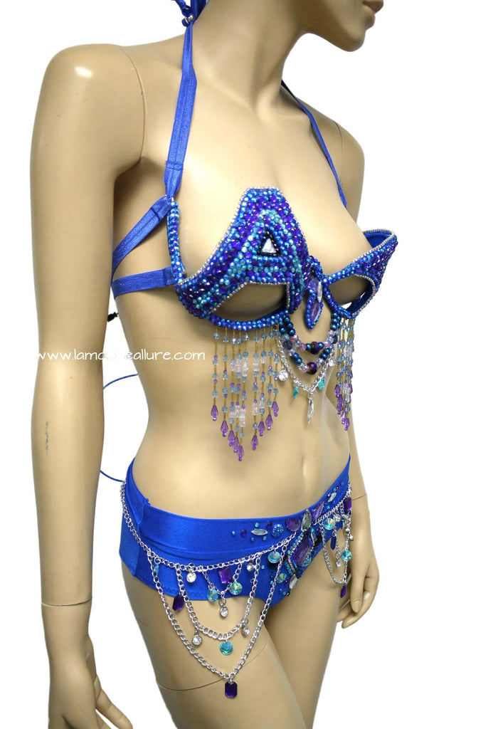 Blue Purple ASOT A State of Trance Armin Van Buuren Samba Rhinestone Cage Bra Bottom