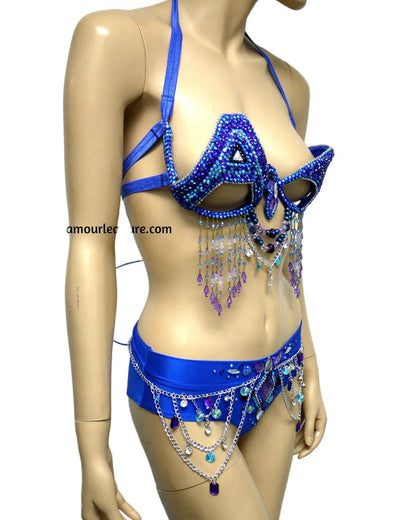 Blue Purple ASOT A State of Trance Armin Van Buuren Samba Rhinestone Cage Bra Bottom