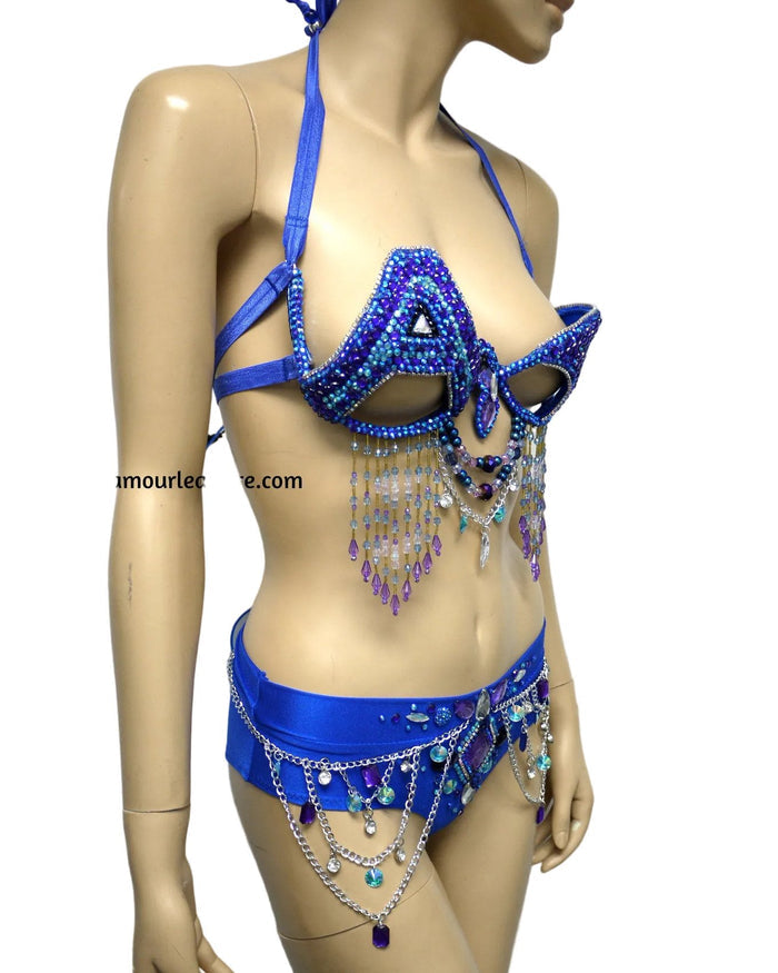 Blue Purple ASOT A State of Trance Armin Van Buuren Samba Rhinestone Cage Bra Bottom