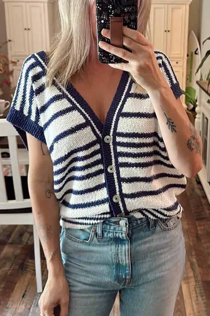 Blue Stripe Loose Buttoned V Neck Sweater Vest - S / 100% Acrylic - Sweaters & Cardigans/Sweater Vests
