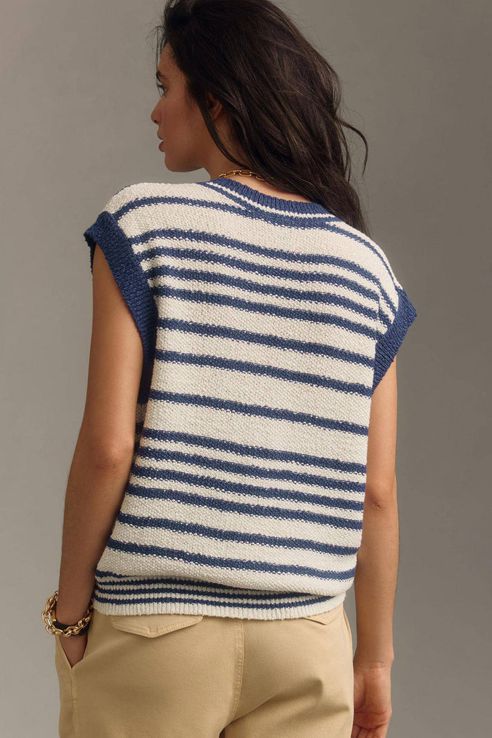 Blue Stripe Loose Buttoned V Neck Sweater Vest - Sweaters & Cardigans/Sweater Vests