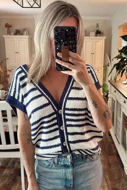 Blue Stripe Loose Buttoned V Neck Sweater Vest - Sweaters & Cardigans/Sweater Vests