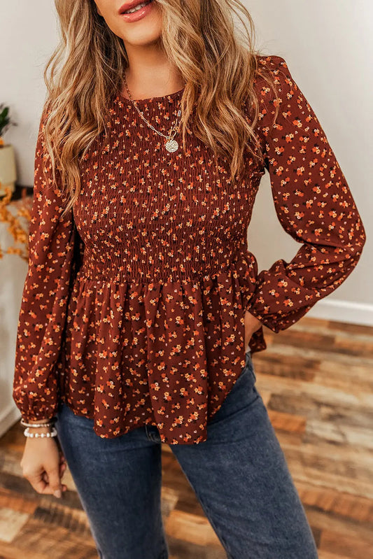 Boho Floral Smocked Bust Ruffled Peplum Blouse - PRINTED / S / 100% POLYESTER - Tops/Blouses & Shirts