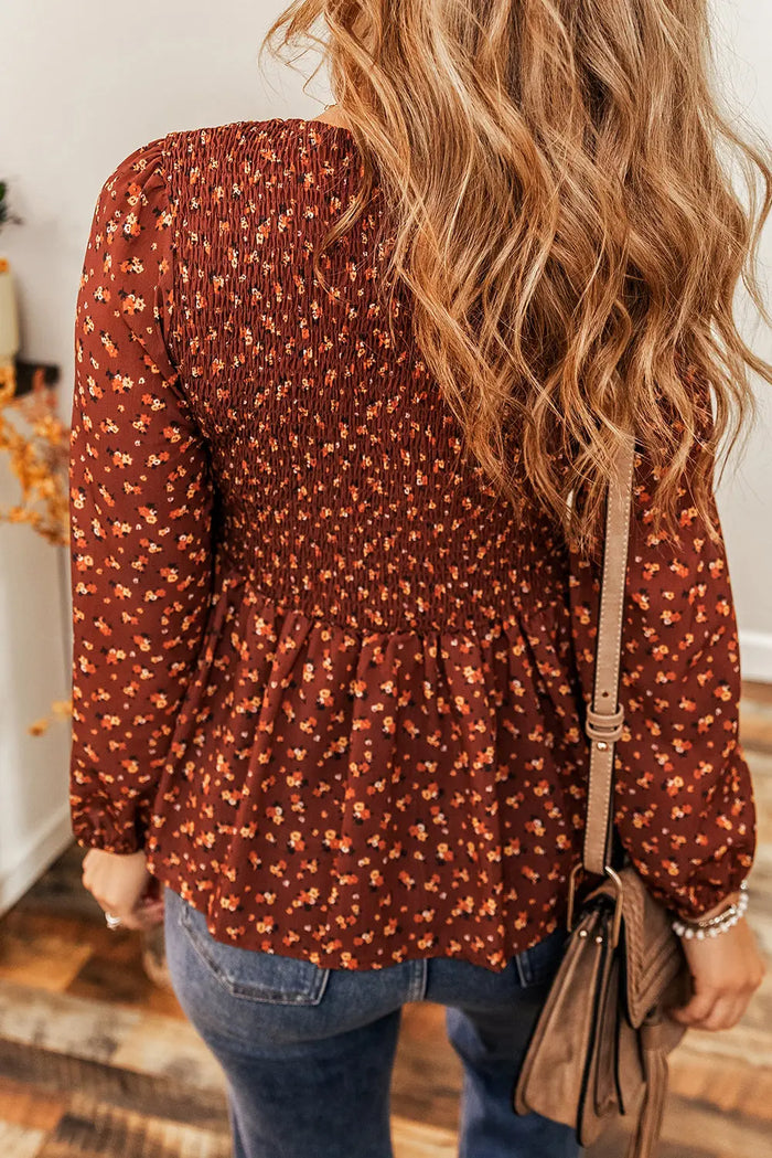 Boho Floral Smocked Bust Ruffled Peplum Blouse - Tops/Blouses & Shirts