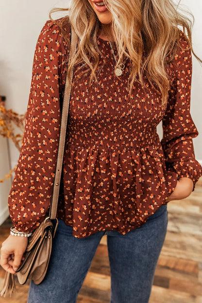 Boho Floral Smocked Bust Ruffled Peplum Blouse - Tops/Blouses & Shirts