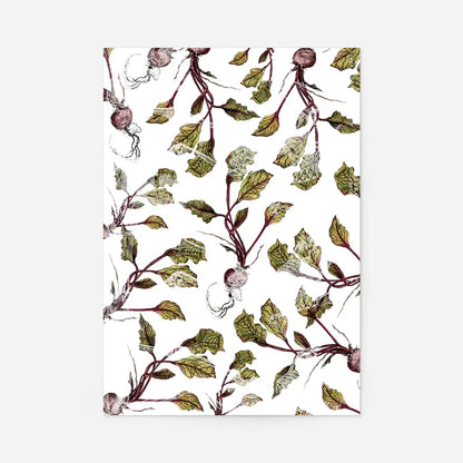 Bold botanical beetroot print on white archival art paper, featuring green leaves and purple roots.