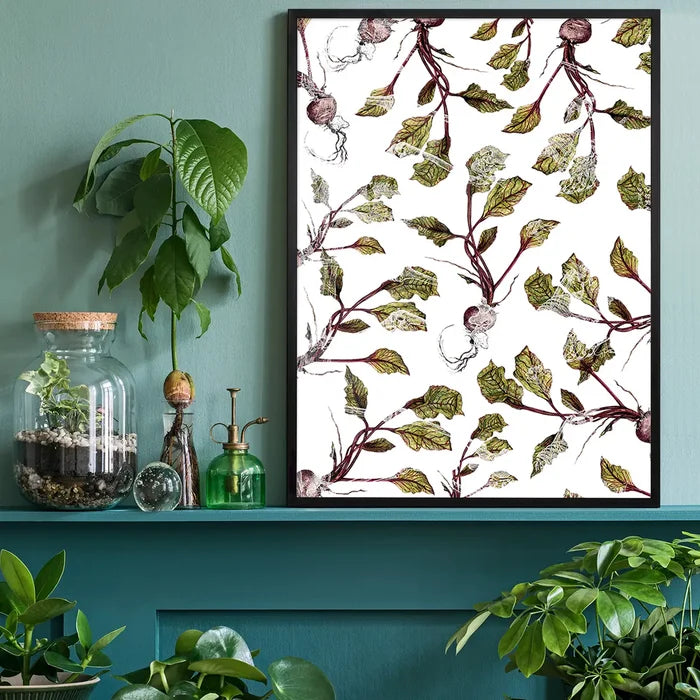 Framed Botanical Beetroot Print on white archival paper, featuring a striking graphic pattern of beetroots and leaves.