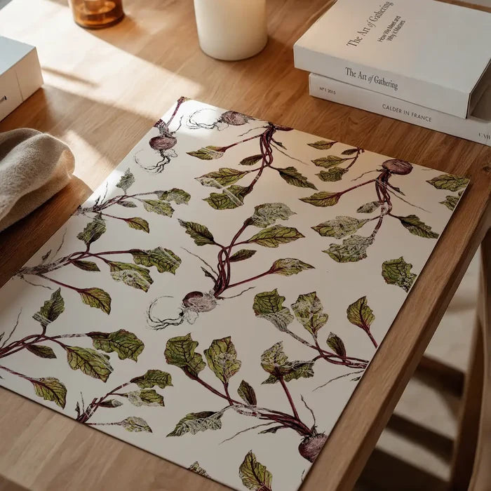 Botanical Beetroot Print on archival art paper, featuring a striking graphic design with green leaves and purple beetroots.