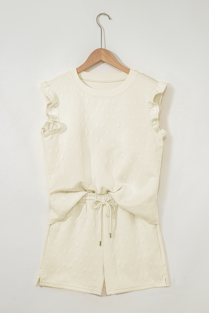 Bow Jacquard Ruffle Sleeve Short Co-ord Set - Two Piece Sets/Short Sets
