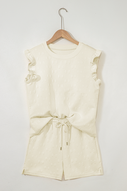 Bow Jacquard Ruffle Sleeve Short Co-ord Set - Two Piece Sets/Short Sets