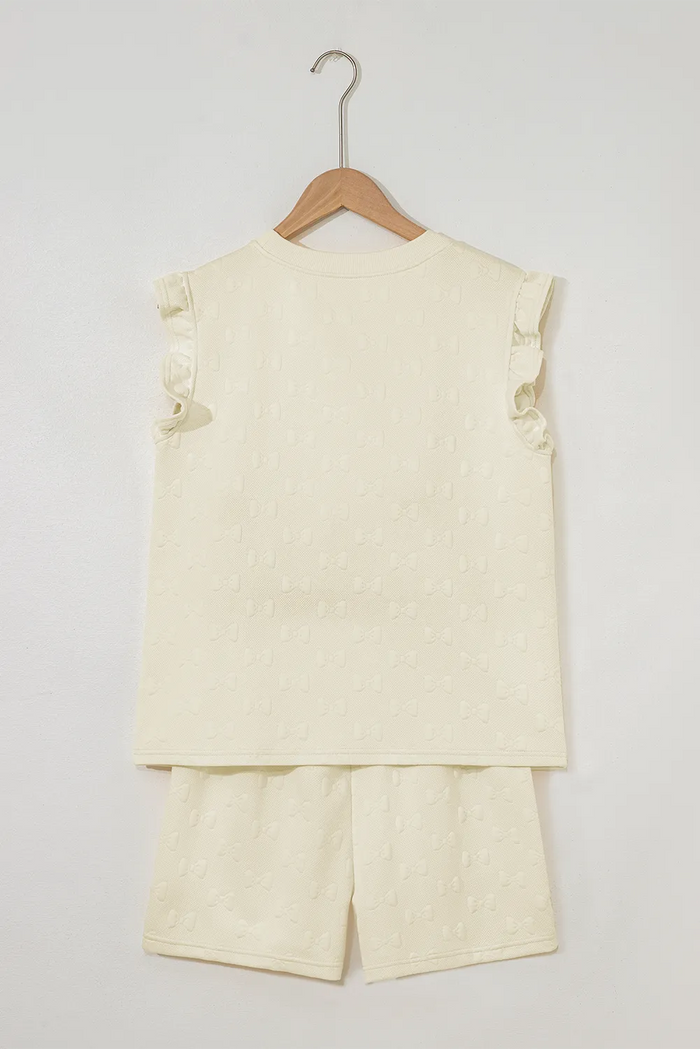 Bow Jacquard Ruffle Sleeve Short Co-ord Set - Two Piece Sets/Short Sets