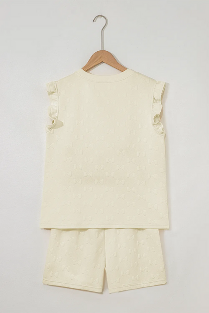 Bow Jacquard Ruffle Sleeve Short Co-ord Set - Two Piece Sets/Short Sets