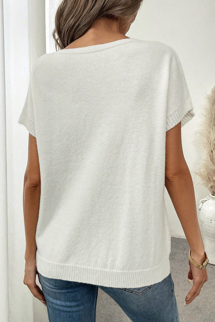 Bow Pattern Knit Short Sleeve White Sweater - Sweaters & Cardigans/Short