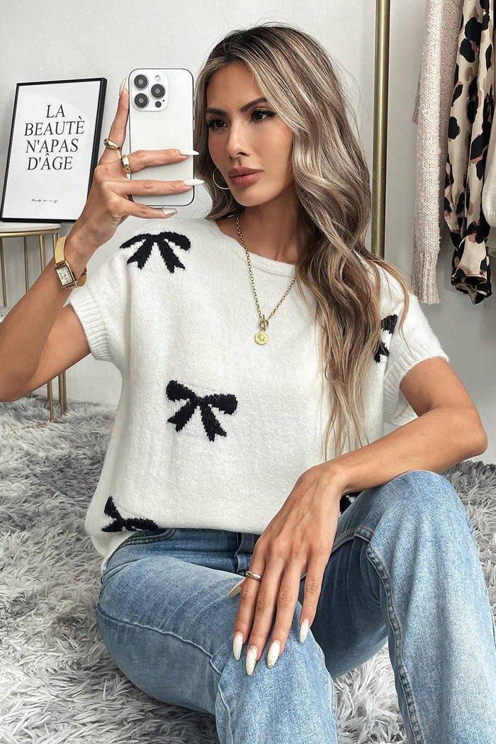 Bow Pattern Knit Short Sleeve White Sweater - Sweaters & Cardigans/Short
