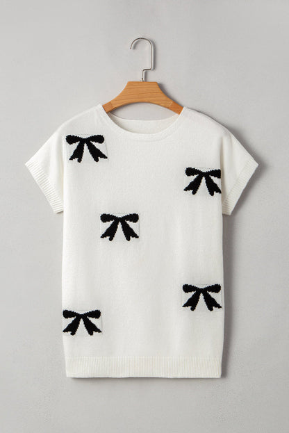Bow Pattern Knit Short Sleeve White Sweater - Sweaters & Cardigans/Short