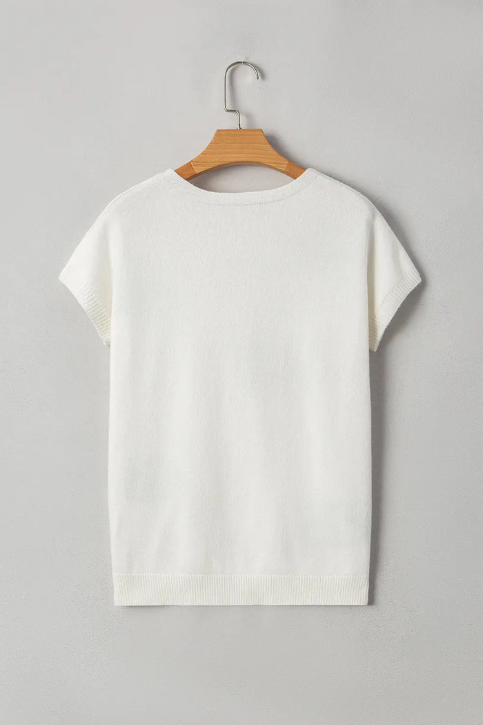 Bow Pattern Knit Short Sleeve White Sweater - Sweaters & Cardigans/Short