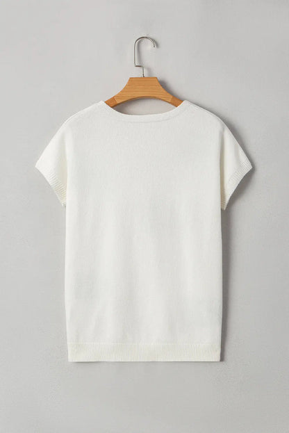 Bow Pattern Knit Short Sleeve White Sweater - Sweaters & Cardigans/Short