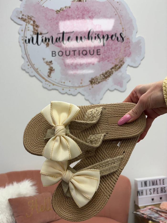 Bow Straw Woven Flip Flops: White - Intimate Whispers