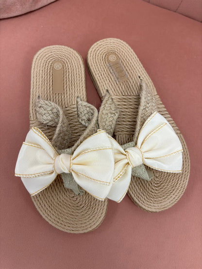Bow Straw Woven Flip Flops: White - Intimate Whispers
