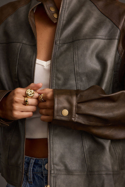 Bowery Color Block Moto Jacket paired with complementary accessories for a polished look.