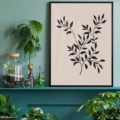 Branch Silhouette Print 2, vintage botanical print black framed on a living room shelf