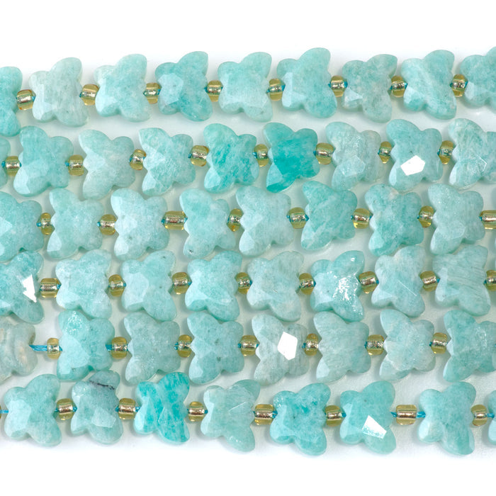This is a Dakota Stones 10x8mm Brazilian Amazonite Butterfly Gemstone strand with A grade faceted beads in 15-16 inch strand.