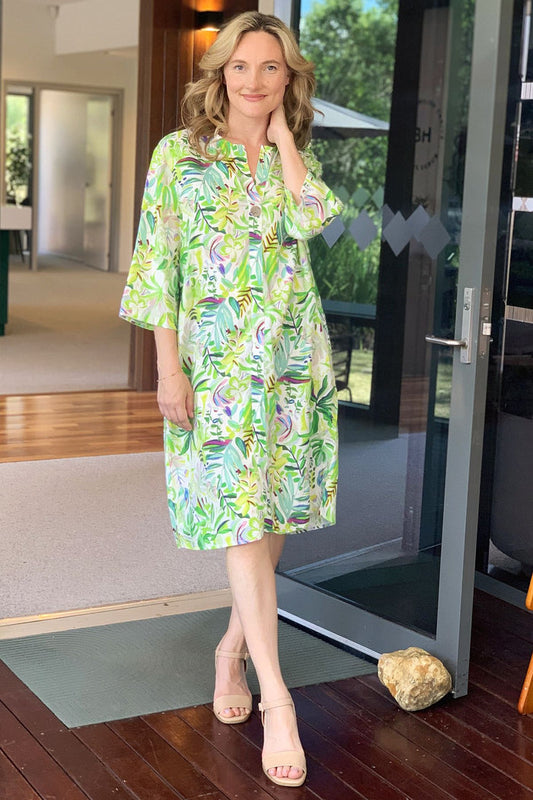 Bright light green floral linen blend tunic by La Mode, featuring a relaxed fit and intricate floral pattern.