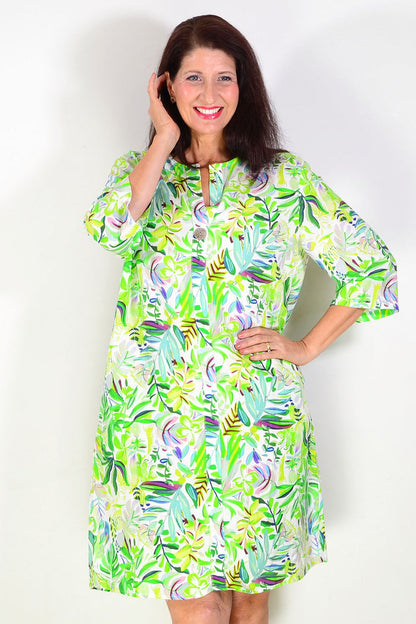 Bright light green floral linen blend tunic by La Mode, featuring a relaxed fit and vibrant floral pattern.