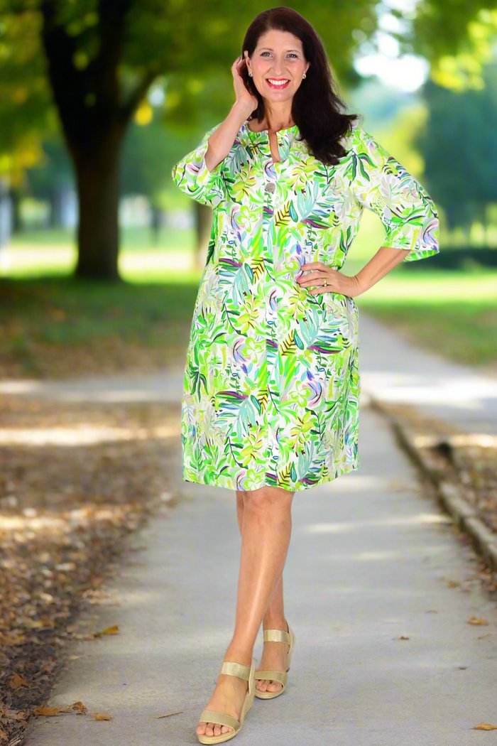 Bright light green floral linen blend tunic by La Mode, featuring a flowy design with a botanical print and relaxed fit.