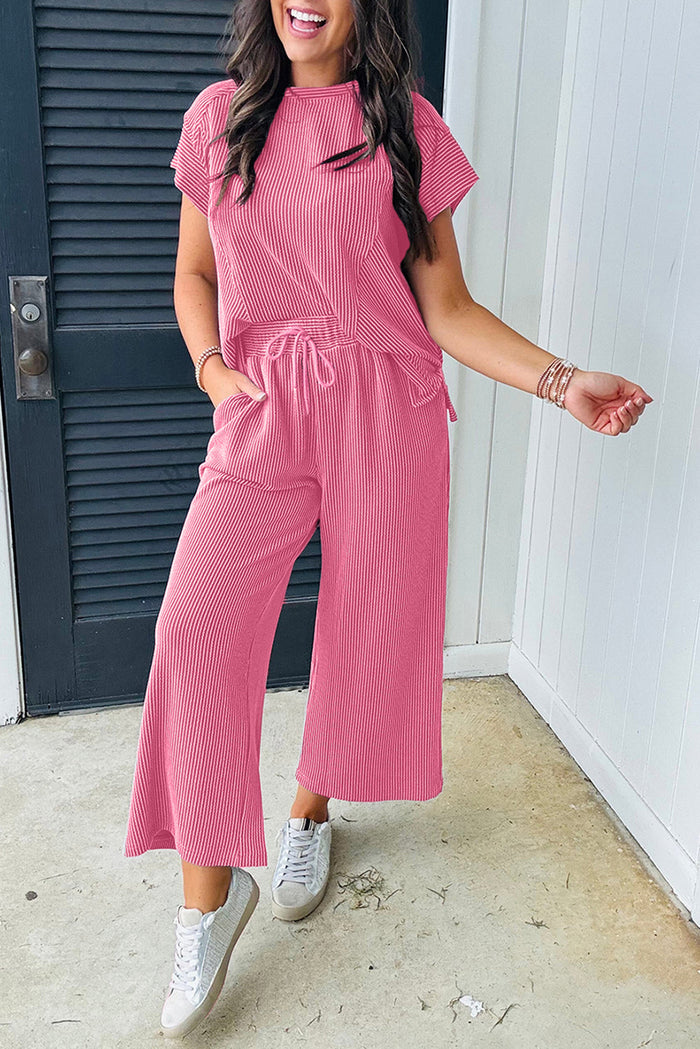 Bright Pink Solid Ribbed Knit Short Sleeve T Shirt and Wide Leg Trousers Set - BRIGHT PINK / S / 75% POLYESTER + 20%