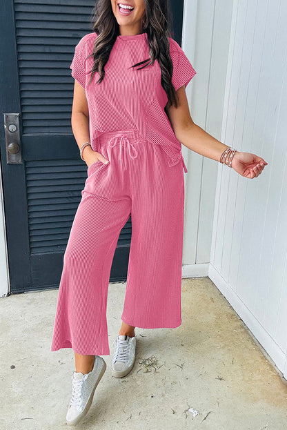 Bright Pink Solid Ribbed Knit Short Sleeve T Shirt and Wide Leg Trousers Set - BRIGHT PINK / S / 75% POLYESTER + 20%