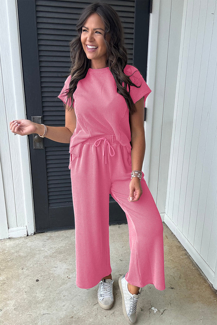 Bright Pink Solid Ribbed Knit Short Sleeve T Shirt and Wide Leg Trousers Set - Two Piece Sets/Pant Sets