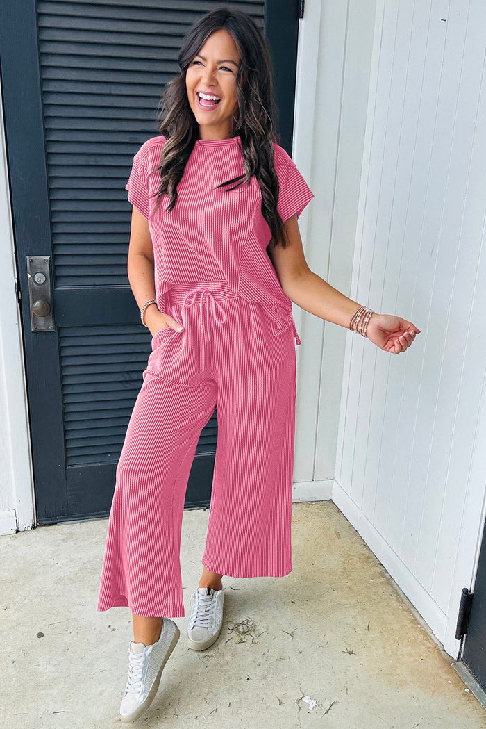 Bright Pink Solid Ribbed Knit Short Sleeve T Shirt and Wide Leg Trousers Set - Two Piece Sets/Pant Sets