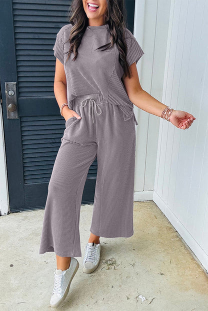 Bright Pink Solid Ribbed Knit Short Sleeve T Shirt and Wide Leg Trousers Set - WILD WIND / S / 75% POLYESTER + 20%