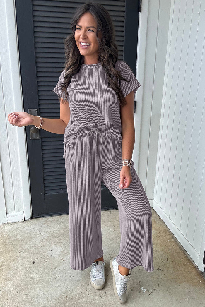 Bright Pink Solid Ribbed Knit Short Sleeve T Shirt and Wide Leg Trousers Set - Two Piece Sets/Pant Sets