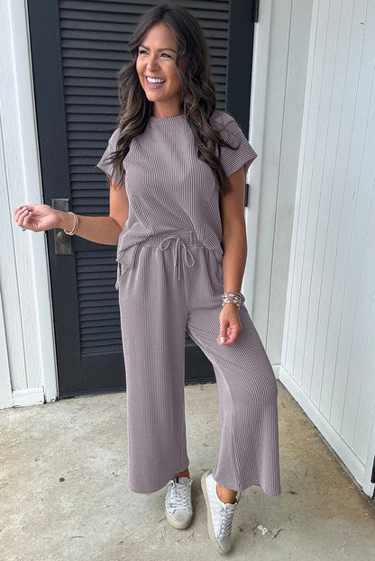 Bright Pink Solid Ribbed Knit Short Sleeve T Shirt and Wide Leg Trousers Set - Two Piece Sets/Pant Sets
