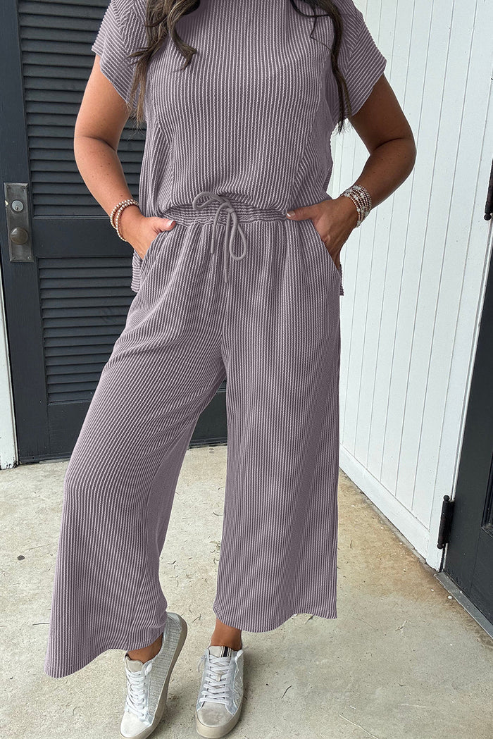 Bright Pink Solid Ribbed Knit Short Sleeve T Shirt and Wide Leg Trousers Set - Two Piece Sets/Pant Sets
