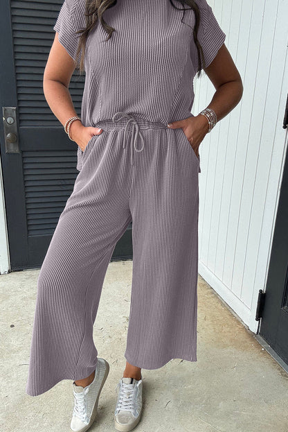 Bright Pink Solid Ribbed Knit Short Sleeve T Shirt and Wide Leg Trousers Set - Two Piece Sets/Pant Sets
