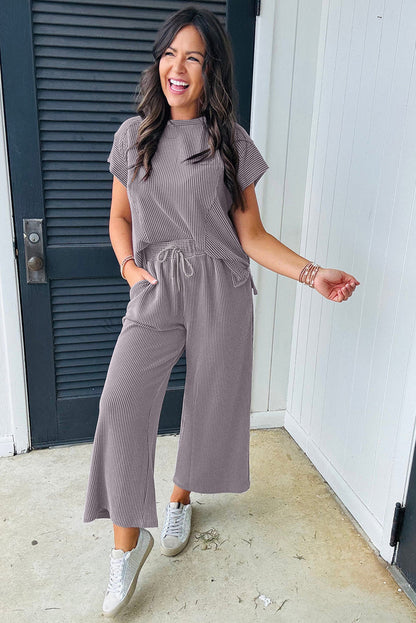 Bright Pink Solid Ribbed Knit Short Sleeve T Shirt and Wide Leg Trousers Set - Two Piece Sets/Pant Sets