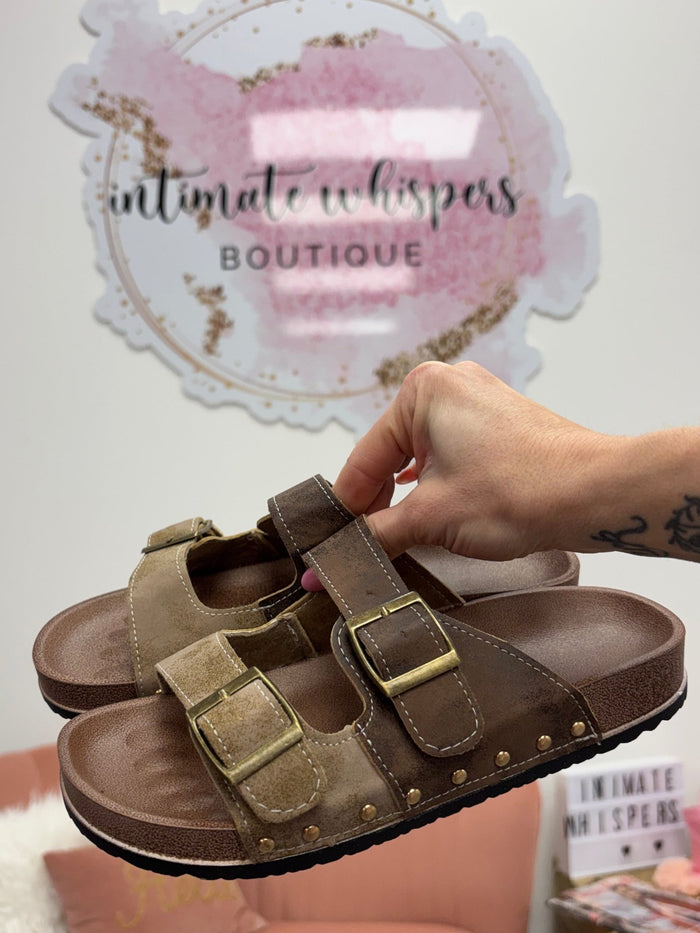 Buckle Strap Slide Sandals: Coffee - Intimate Whispers